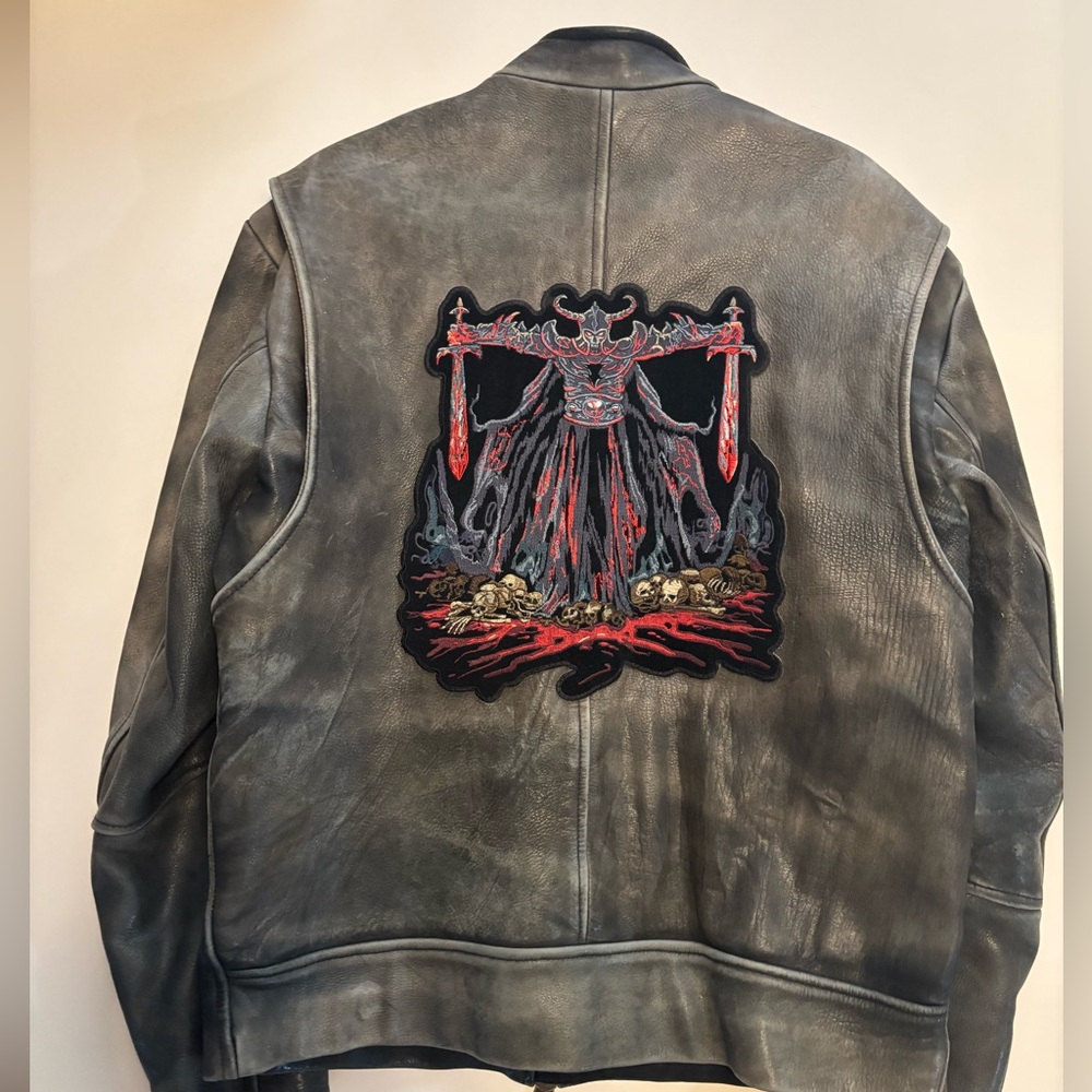 Faded genuine leather jacket embroidered skull patch motorcycle style zippers